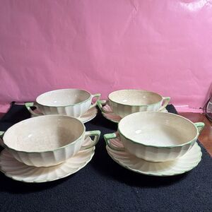 Vtg. Myott Olde Chelsea Soup Coupes & Saucers Set of 4 Staff. Eng. Double Handle